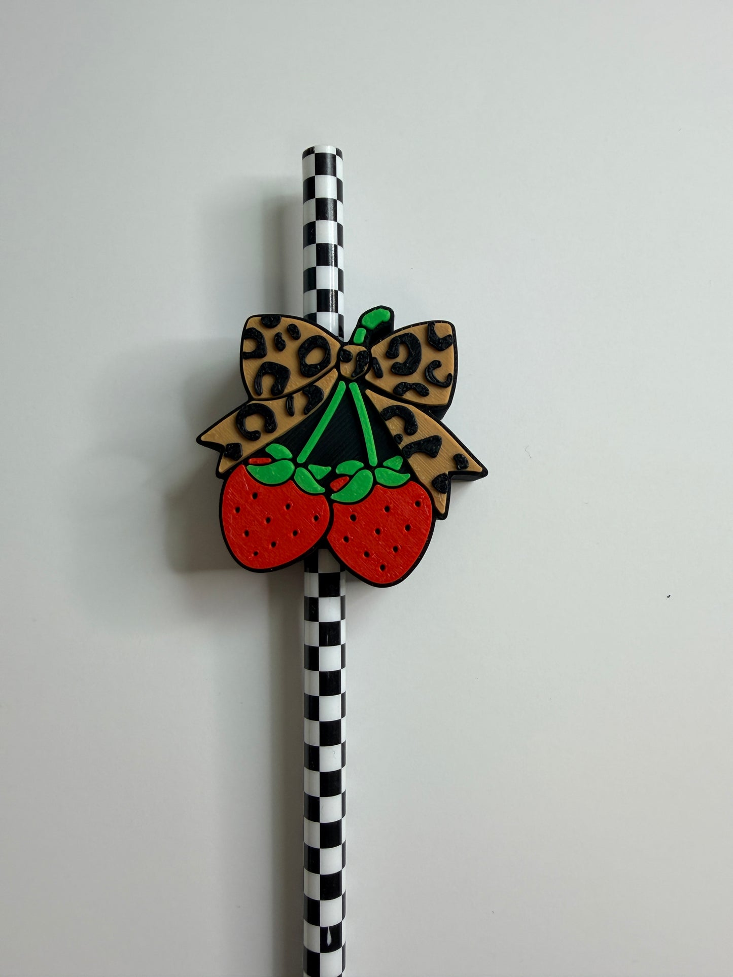 Strawberry Leopard Bow Straw Topper